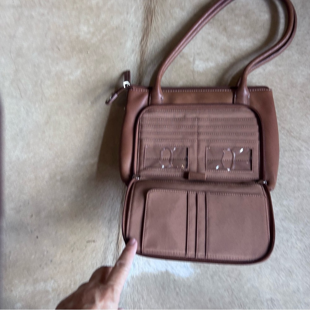 Vintage Fossil Tan Leather Shoulder Bag - Y2K - has a wallet attached - Picture 4 of 5